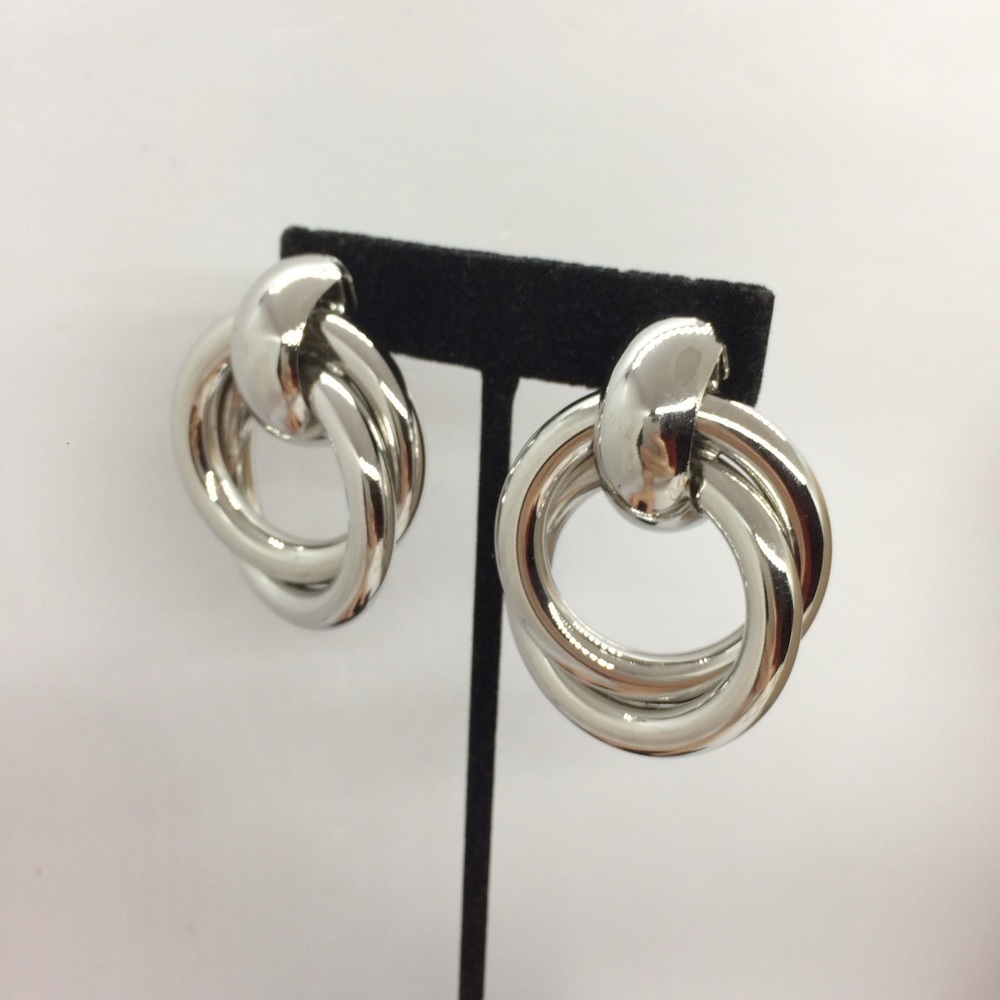 VINTAGE 80S 90S LARGE HOOP EARRINGS DOUBLE CIRCLES SILVER TONE STATEMENT - Picture 3 of 13